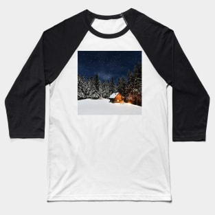 Winter Cozy Cabin in Snow Pine Trees Mountain Peaceful Landscape Art Baseball T-Shirt